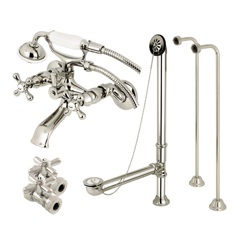 Kingston Brass Vintage Two-Handle 2-Hole Tub Wall Mount Clawfoot Tub Faucet Package with Supply Line, Hand Shower and Tub Drain