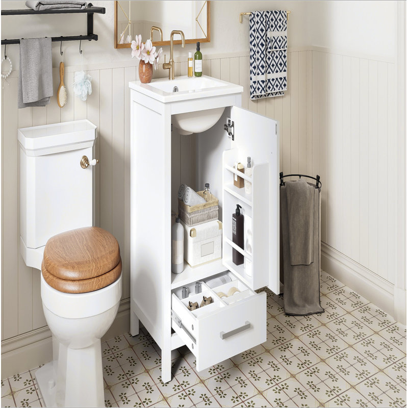 Meuble-lavabo moderne de 18 pouces avec lavabo en céramique, tiroirs à fermeture en douceur et organisateur de porte, tiroir de séparation et patins réglables en plastique - solution de rangement compacte pour les espaces étroits