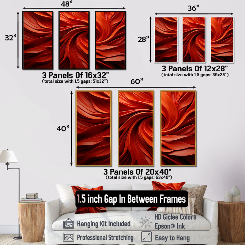 Orange et rouge abstrait spirale Dreamscape I - abstrait spirales murales, Cadre flottant doré, H 32 po x l 48 po x P 1 po