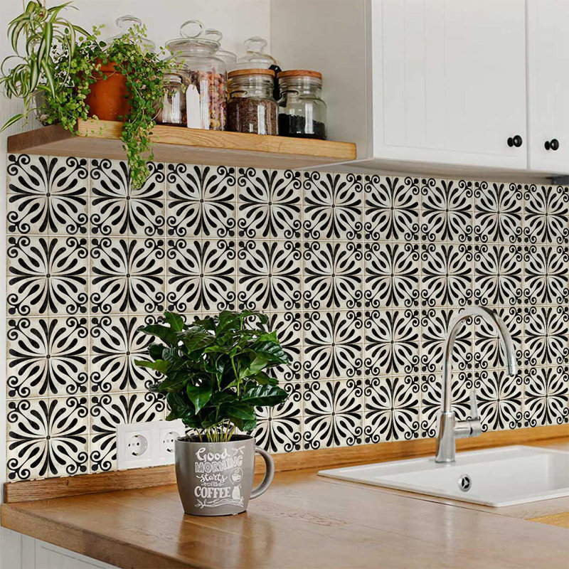 Black and Ivory Vintage Flower Design Vinyl Peel and Stick Tiles, 8x8-inch