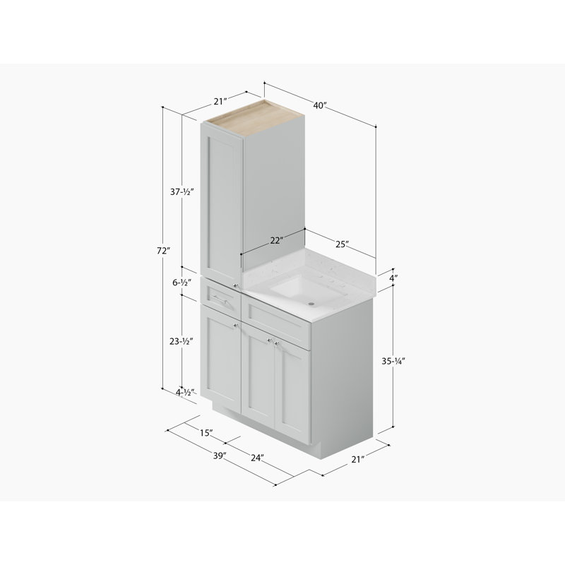 Disar 39'' Single Bathroom Vanity With Left Linen Tall Cabinet Dovetail Solid Wood Drawer Carrara Quartz Top, Grey