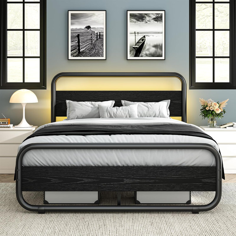 Metal  Bed Frame with LED Headboard and Footboard, Rustic Industrial Heavy Duty Wooden Platform Bed Frame with Under Bed Storage, Noise Free, No Box Spring Needed