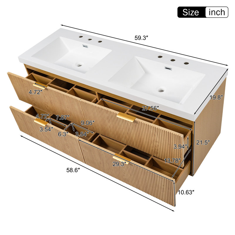 Meuble-lavabo double 59,3 po avec plateau SMC, armoire en panneau de fibres à densité moyenne peint, tiroirs à fermeture en douceur, meuble-lavabo mural moderne