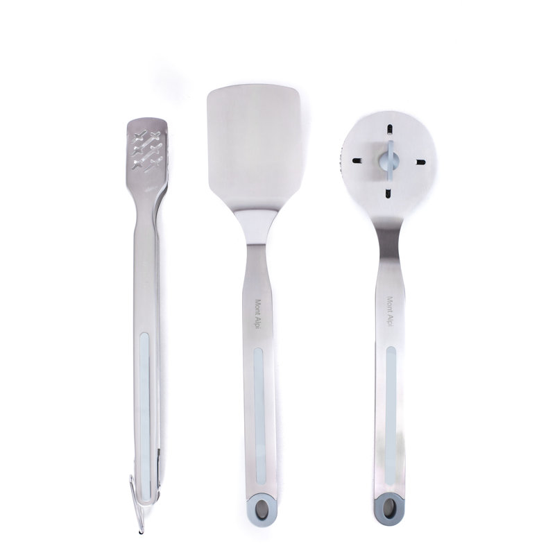 Mont Alpi MATK Heavy Duty Stainless Steel 3 Piece Tool Kit with Double Cleaning Brush - Outdoor Barbecue Grilling Accessory Set - Lockable Tongs, Solid Head Spatula & Grill Brush with Extra Scrub Head