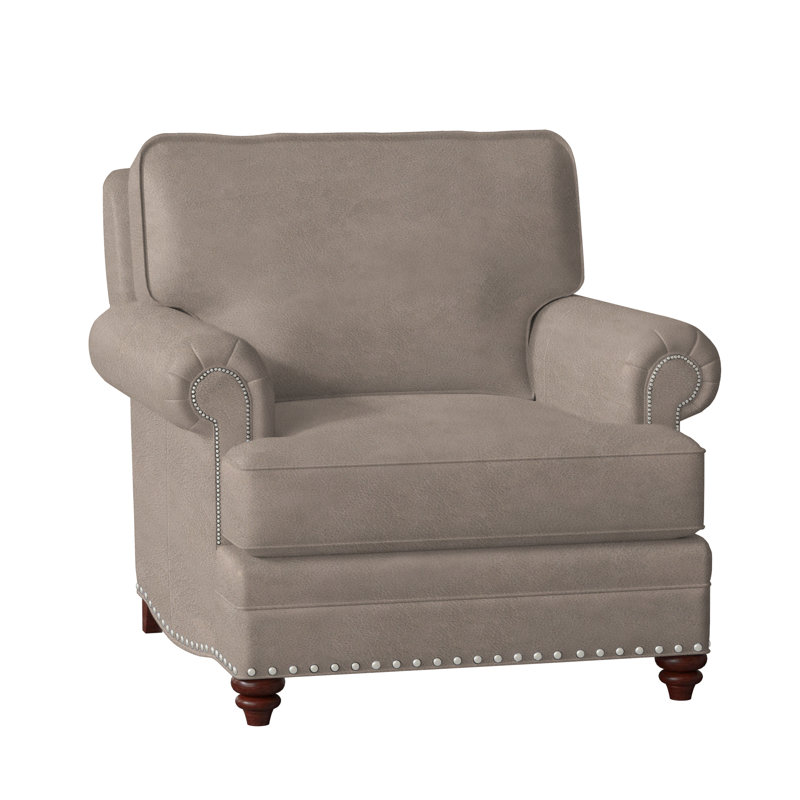 Carrado Leather Armchair, Pewter, Mahogany, Aline Fumo Genuine Leather