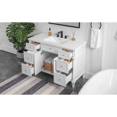 Meuble-lavabo autoportant de style vintage de 47,8 pouces avec lavabo, armoire de salle de bain avec 6 tiroirs et 2 portes, pieds en bois massif, charnières à fermeture douce