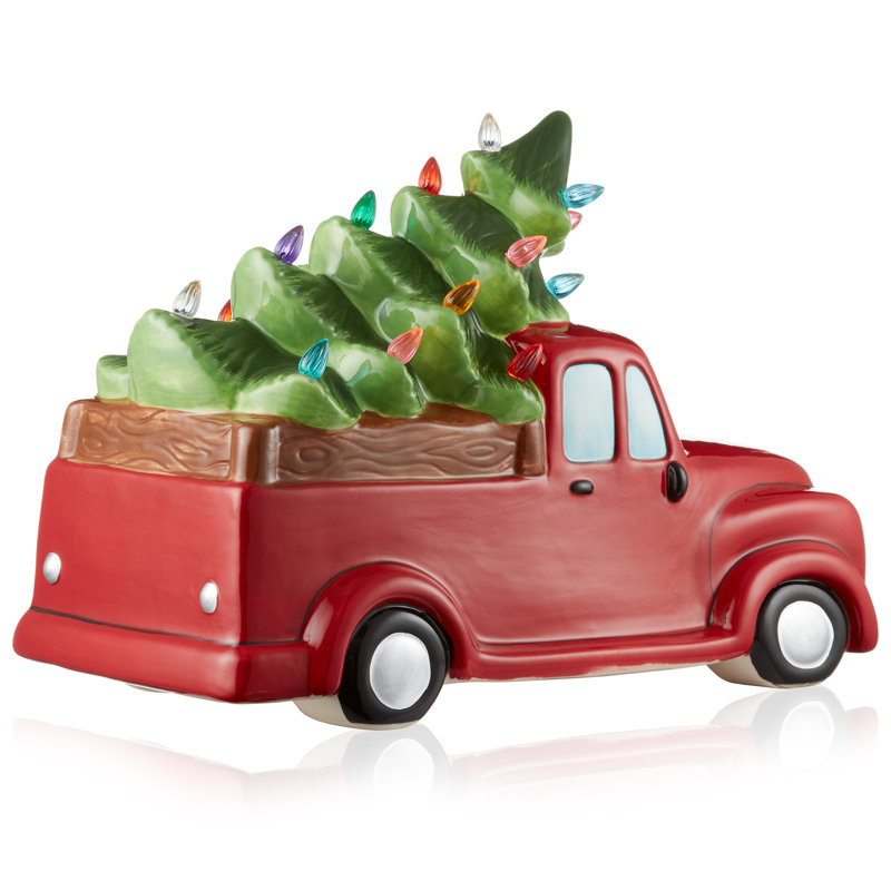 Hand-Painted Red Ceramic Christmas Truck with Green Tree and LED Lights