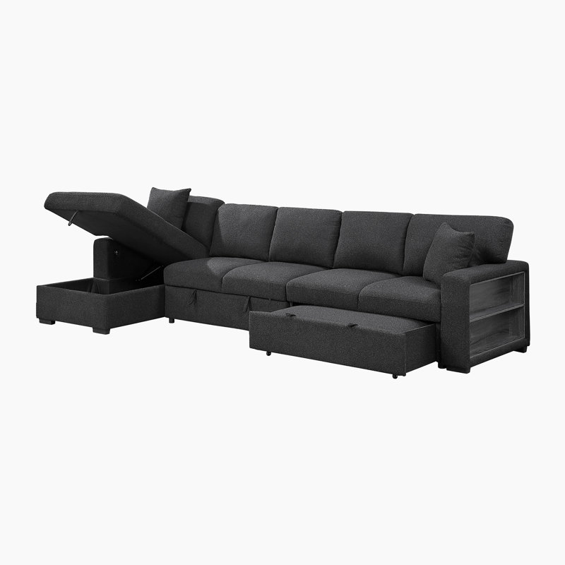 Meserve 144.5" Modern & Contemporary Boucle Sectional Sofa with Pull-out Sleeper, USB Charging Ports & Dual Hidden Storage