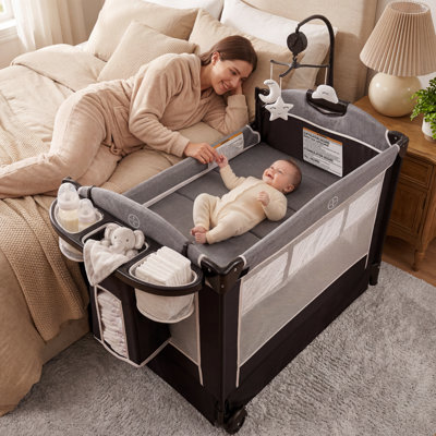 4-in-1 Convertible Baby Playard with Bassinet, Diaper Changer, Cradle Bedside Sleeper, Breathable Mesh, Storage Organizer Lockable Wheels