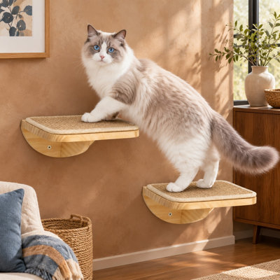 2 Set Wooden Cat Wall Shelves with Sisal Mats, each 10"L x 9.2"W x 4"H; Space-Saving Wall-Mounted Steps for Jumping, Playing & Lounging