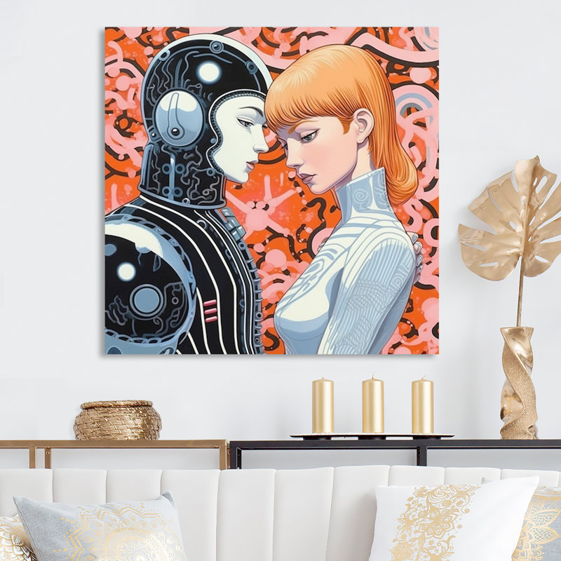 «Hot Robots in Love Retro Illustration I», reproduction sur toile, Toile tendue, H 24 po x l 24 po x P 1 po