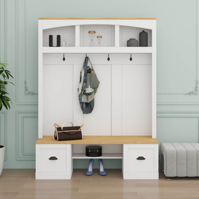Organizes Entryways With 4-In-1 Hall Tree, Wood Grain Bench And Top