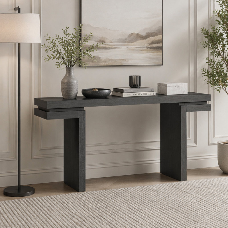 Console très large en placage de bois véritable de 66 pouces, Noir