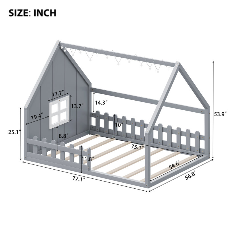 Lit double en bois avec fenêtre et clôture, Gris