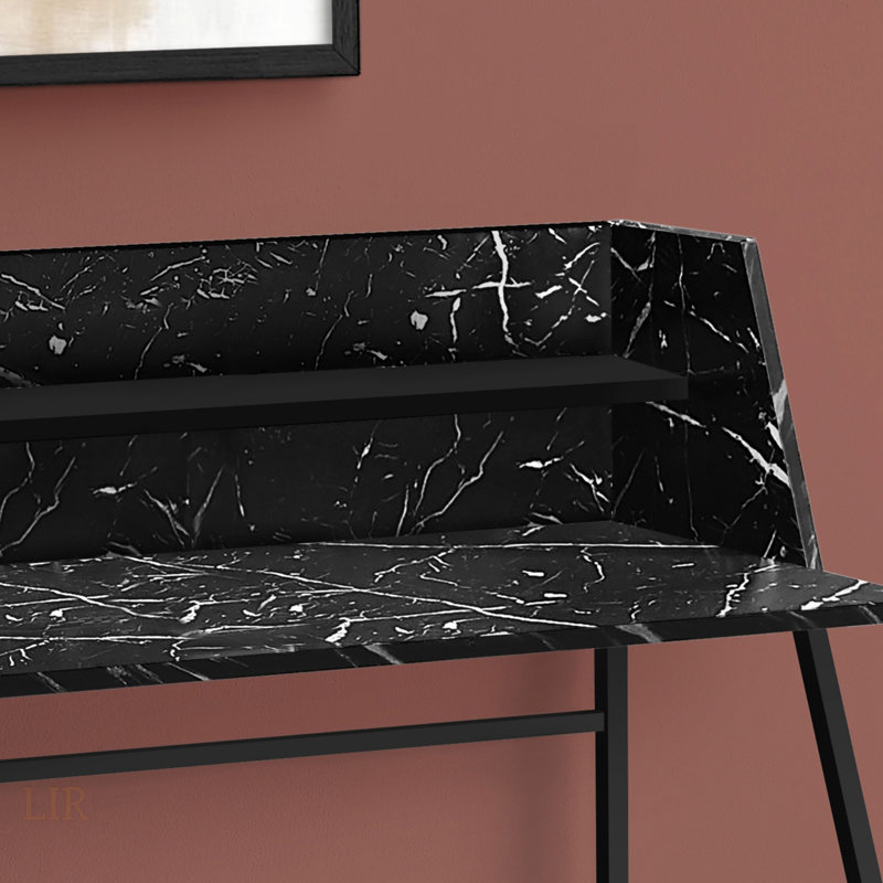 Contemporary Black Marble Look Computer Desk With Storage Shelves For Home Office And Laptop, Sturdy Metal Frame, 48 Inch Length