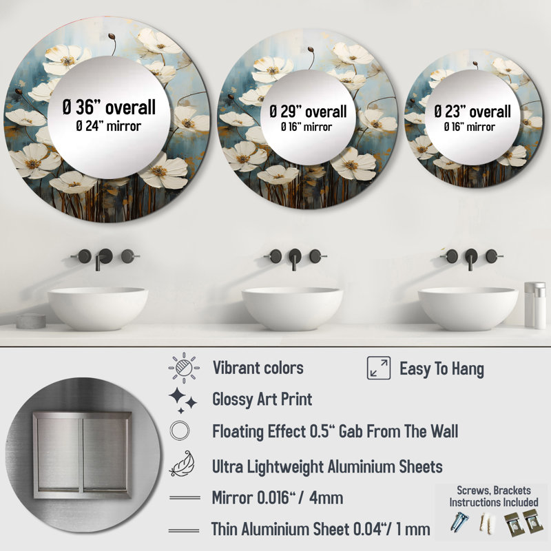 «White Buttercups On Beige Simplicity IV», miroir mural rond traditionnel, impression sur métal, 29 po x 29 po