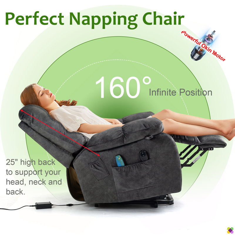 Karelin 33.5"W Velvet Heater Massage Lift Chair Power Recliner, Dark Gray