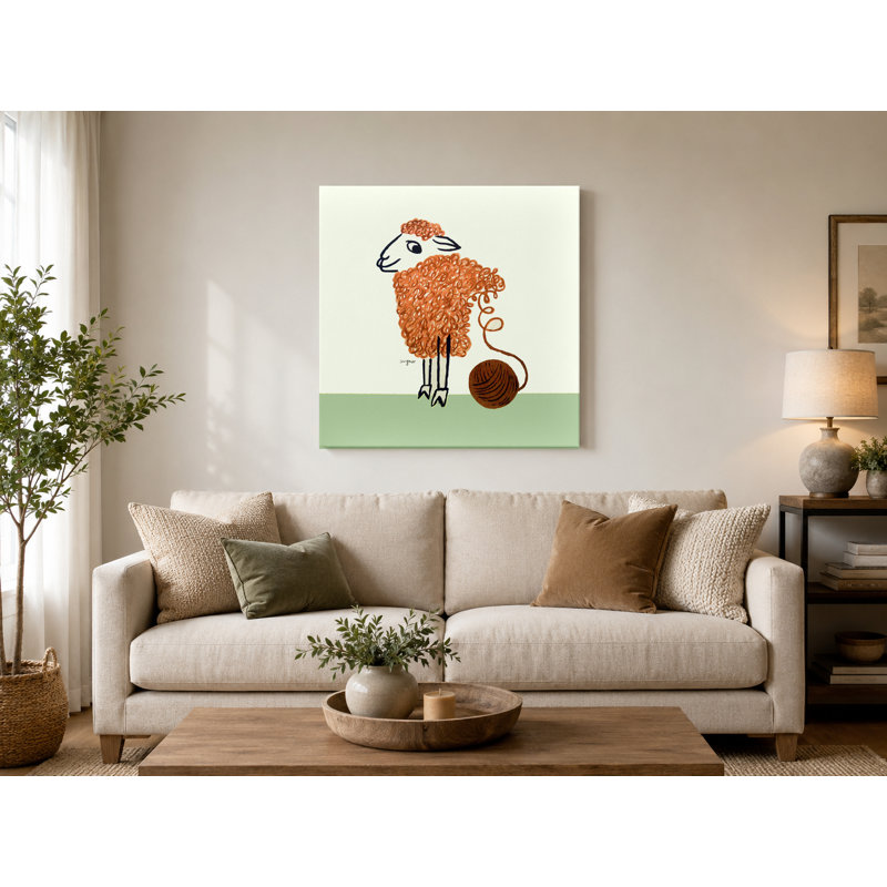 Mouton avec pelote de laine - art mural carré sur toile, 12" W x 12" H