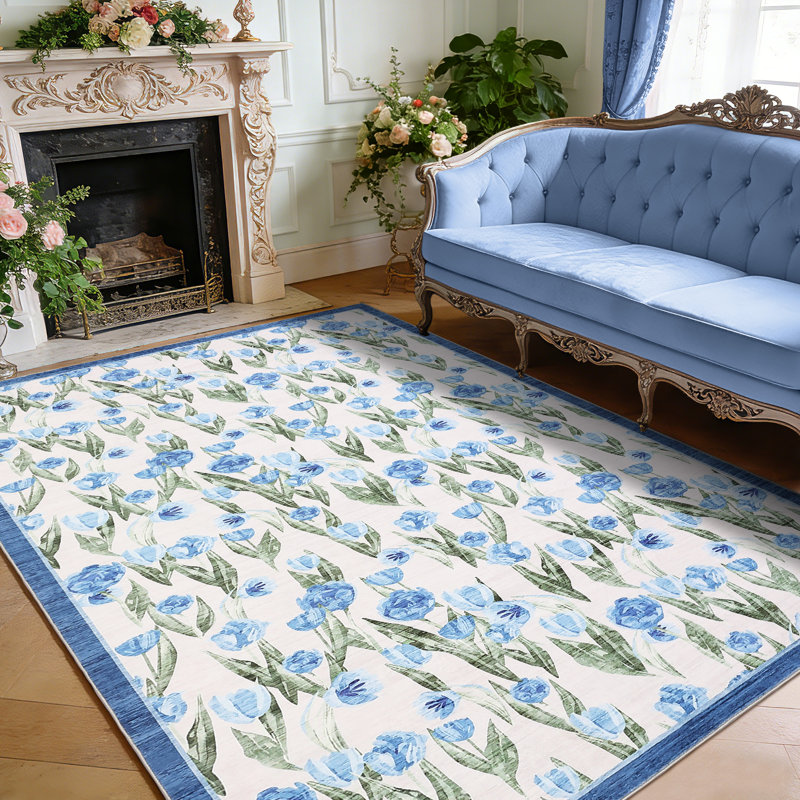 Large Area Rug 9x12 Washable Tulip Dining Room Rug, Non-Shedding -Thin Floor Carpet, Foldable Contemporary Indoor Mat, Easy Cleaning Rug