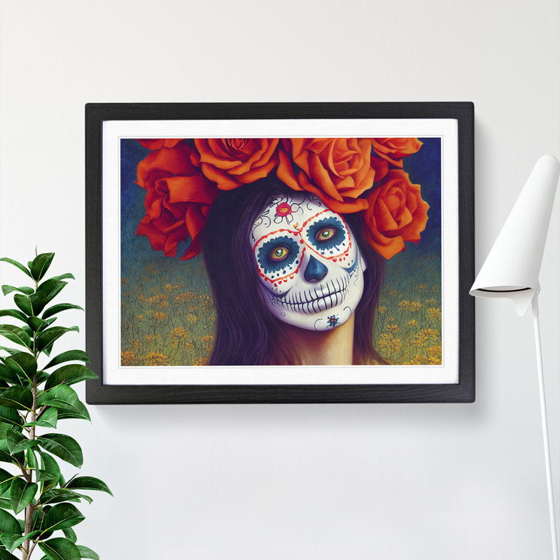 Sugar Skull Woman Vol.2 1 Piece Single Picture Frame Wall Art, 34cm H x 46cm W x 2cm D, Black Framed