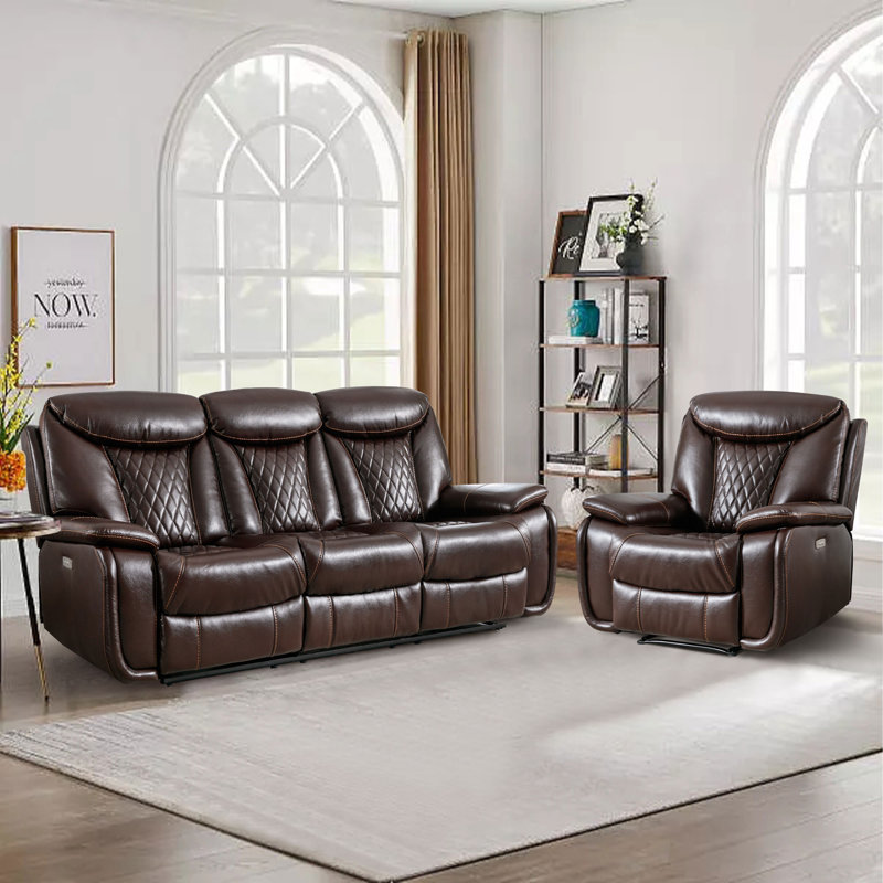 2 - Piece Breathable Leather Cushion Back Power Reclining Living Room Set With Diamond Stitching