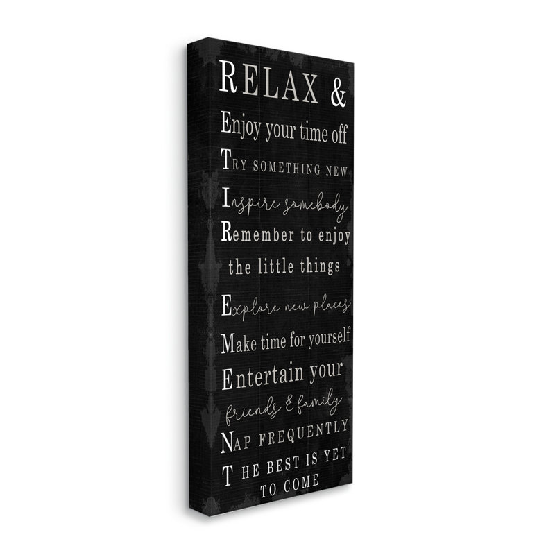 «Relaxed Retirement Expressions», motif patiné noir, Toile tendue, H 24 po x l 10 po x P 1,5 po