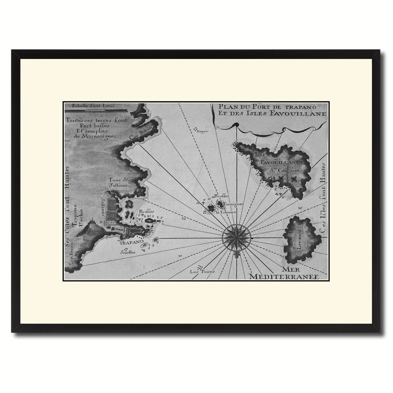 Carte des îles Égades de l'Ouest de la Sicile, impression sur toile avec cadre noir, 28 x 37, H 16 po x l 21 po