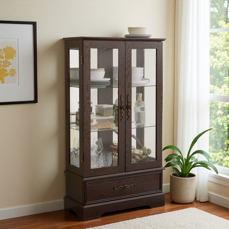 Lighted Glass Curio Cabinet With Adjustable Shelves - Elegant 2-Door Display Cabinet & Built-In Drawer, Includes Bulb, Cherry