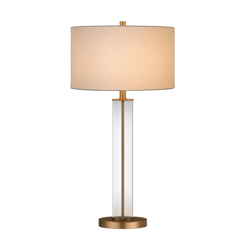 Harlow 29" Tall Table Lamp with Fabric Shade in Clear Glass/Brass/White, Gold/Clear, Chiffon White Linen