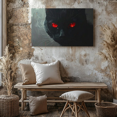 Toile aux yeux rouges, chat noir, gardien d'Halloween, art mural prêt à accrocher, décoration moderne de qualité supérieure