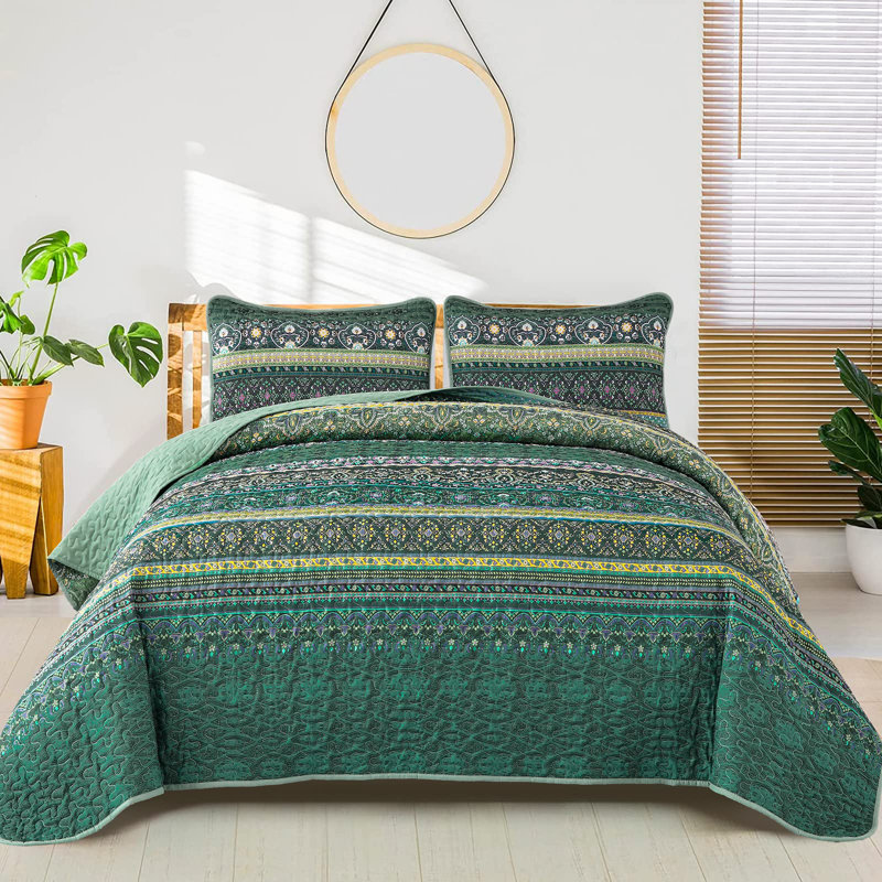 Ensemble de 3 courtepointe Boho Bohemian, Vert, Courtepointe pour lit grand + deux taies décorati