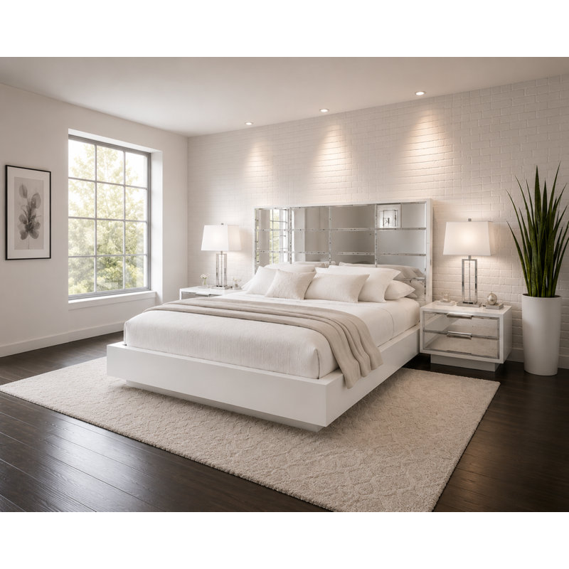 Mera White Lacquer Queen Platform Bed with Mirrored Headboard, Queen, White