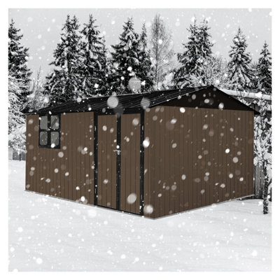 Remise de jardin 12 x 10 en métal avec fenêtre, toit de rangement Apex brun avec porte à charnières verrouillable et évents