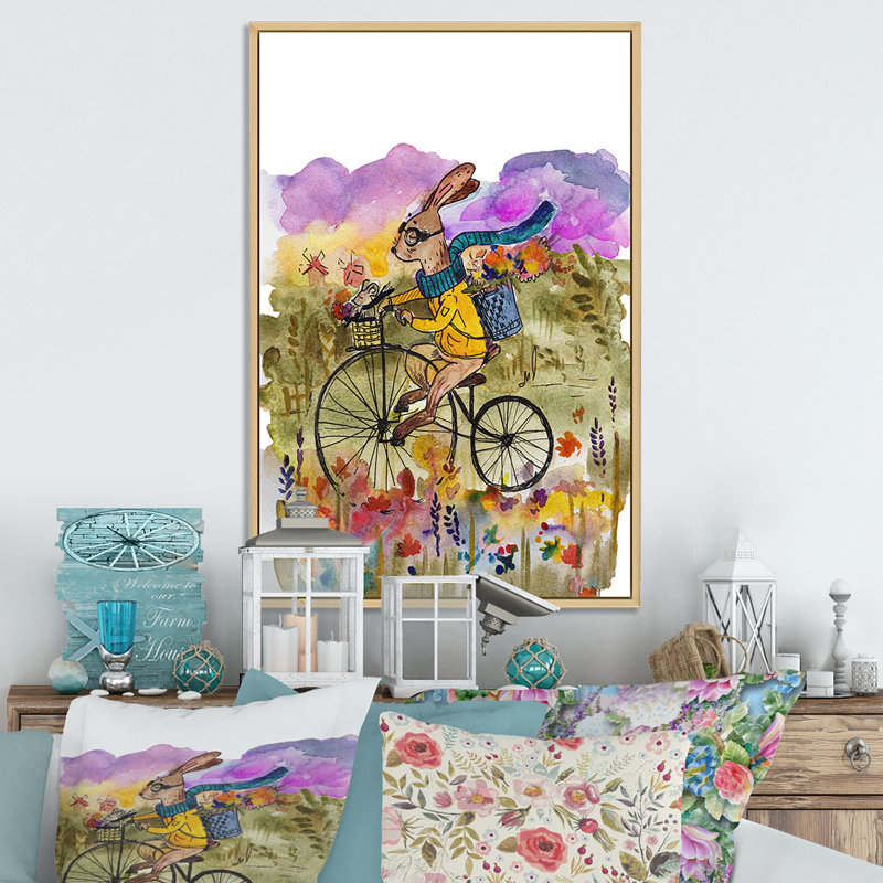 Mignon tour de vélo de lapin - peinture, H 12 po x l 8 po x P 1 po, Cadre naturel flottant