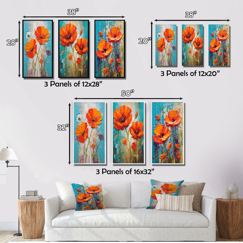 «Blossoming Red Poppes On Teal Sky Paint», 3 pièces sur toile, Toile tendue, H 28 po x l 36 po