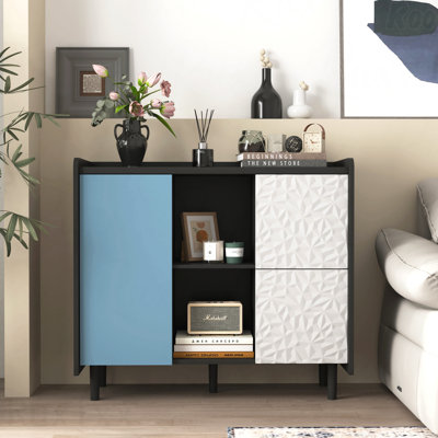 Buffet noir avec portes rouges - 2 tiroirs, style de panneau unique, 2 compartiments de rangement ouverts, armoire d'appoint moderne avec bar à café