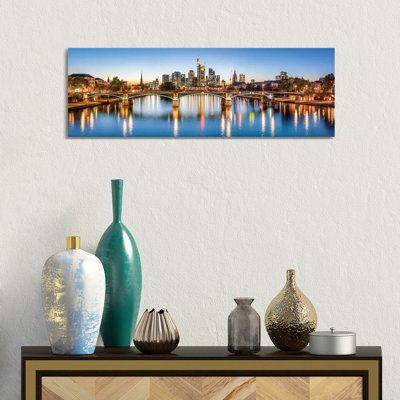 Frankfurt Central Business District and Ignatz-Bubis-Brücke (Ignatz Bubis Bridge) at Night, Hesse, Germany 1 Piece Wrapped Canvas Panoramic Wall Art