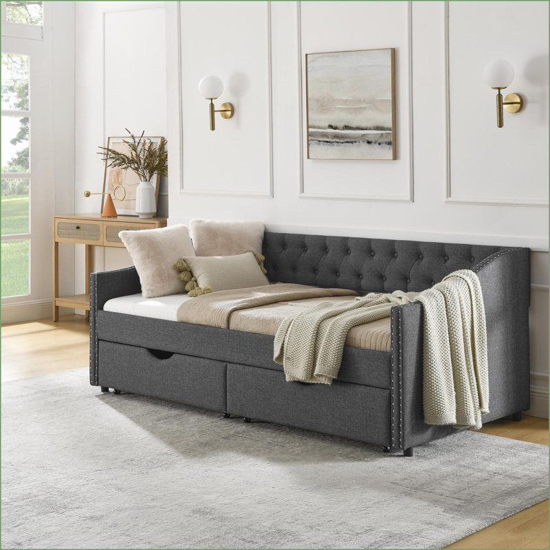 Daybed Sofas, Twin Mid-Century Tufted Sofa Bed with Storage Drawers, Eucalyptus Wood Frame | Dark Grey Linen, Dark Gray, Twin