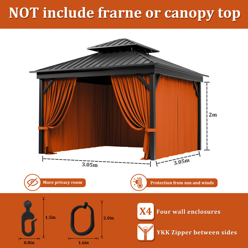 Rideaux à 4 panneaux latéraux pour pavillon de jardin, seulement rideaux, H 78,74 po x l 120 po x P 120 po, Orange