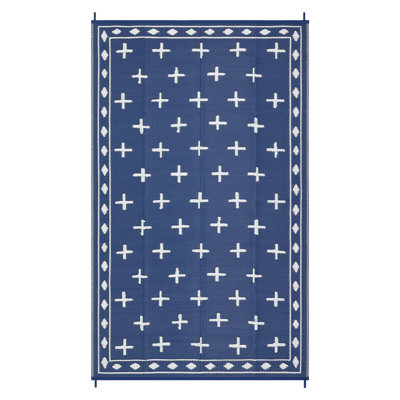 Garvee Geometric Outdoor Rug 9x12, Reversible Waterproof Plastic Straw Area Mat for Patio, RV Awning, Garden, Deck, Balcony, Camping and Beach,Dark Blue