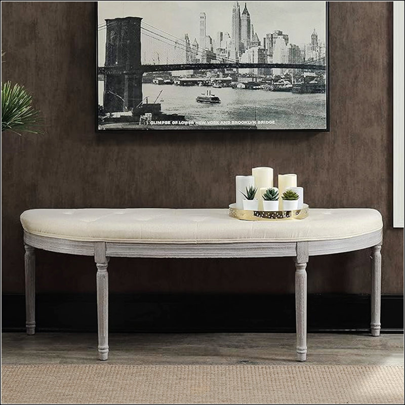 Coastal Button Tufted Light Beige Upholstered Bench With Weathered Gray Legs, Perfect For Space-Saving And Decorative Elegance