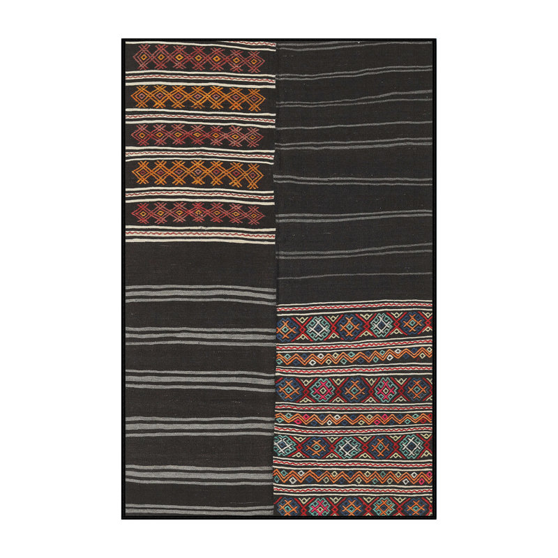 Tapis contemporain noir / rouge / jaune, Rectangle 5 pi x 7 pi