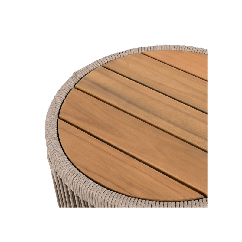 Outdoor Round Side Table Solid Wood Patio Table with Rope Base, Beige