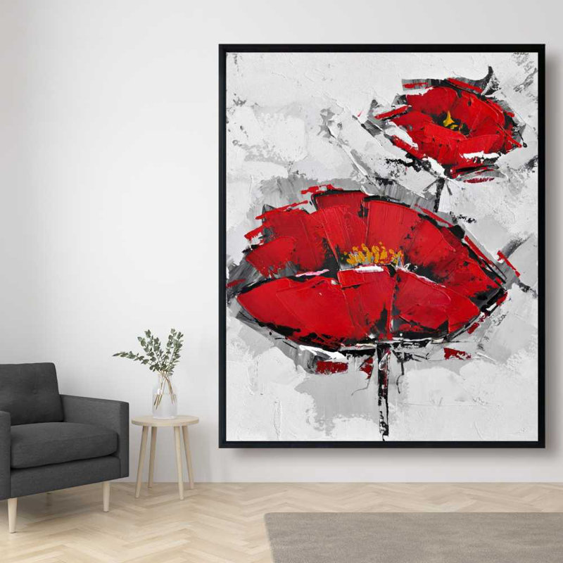 Coquelicots rouges texturés - Toile florale de bureau pour la décoration intérieure, H 61,25 po x l 49,25 po