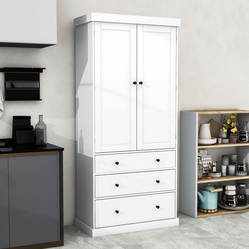 Garde-manger autoportant 77,1 po Pendergrast, armoire de rangement haute avec tiroirs et tablettes réglables, Blanc