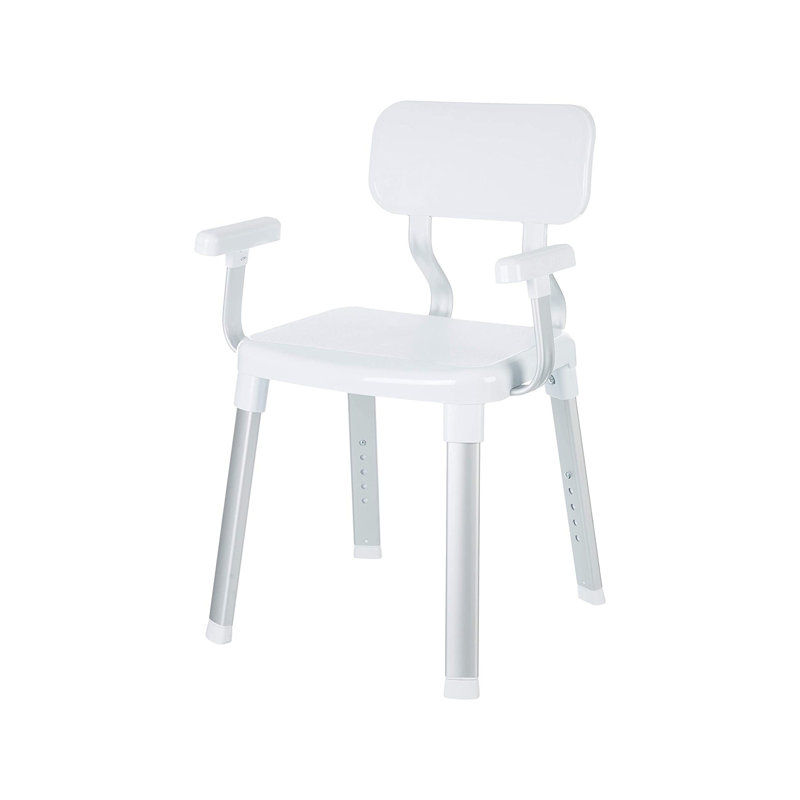 Adjustable White Plastic Shower Chair with Arms and Backrest