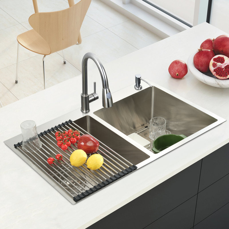 33 in. Drop-In/Undermount Double Bowl 16 Gauge 304 Stainless Steel Kitchen Sink with Accessories, Brushed Stainless Steel