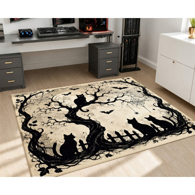 Tapis d'intérieur à thème Halloween, motif de chat noir effrayant, arbre à chat, pleine lune, chauves-souris et toile d'araignée, design artistique, surface en velours, antidérapant, décoration intérieure confortable pour salon, chambre, entrée, appartement