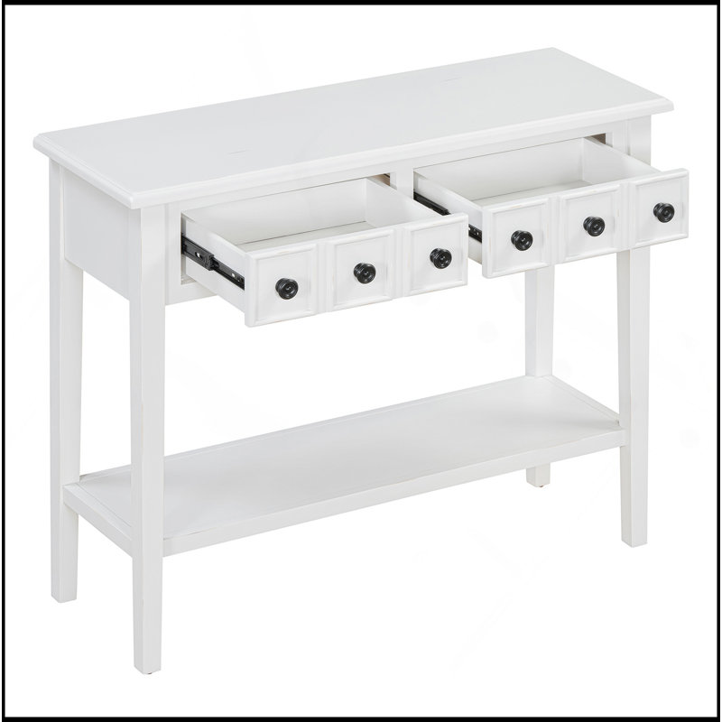 Table d'entrée avec 2 tiroirs, console rustique avec tablette ouverte et pieds en bois d'hévéa pour les entrées, les salons et les couloirs (blanc)