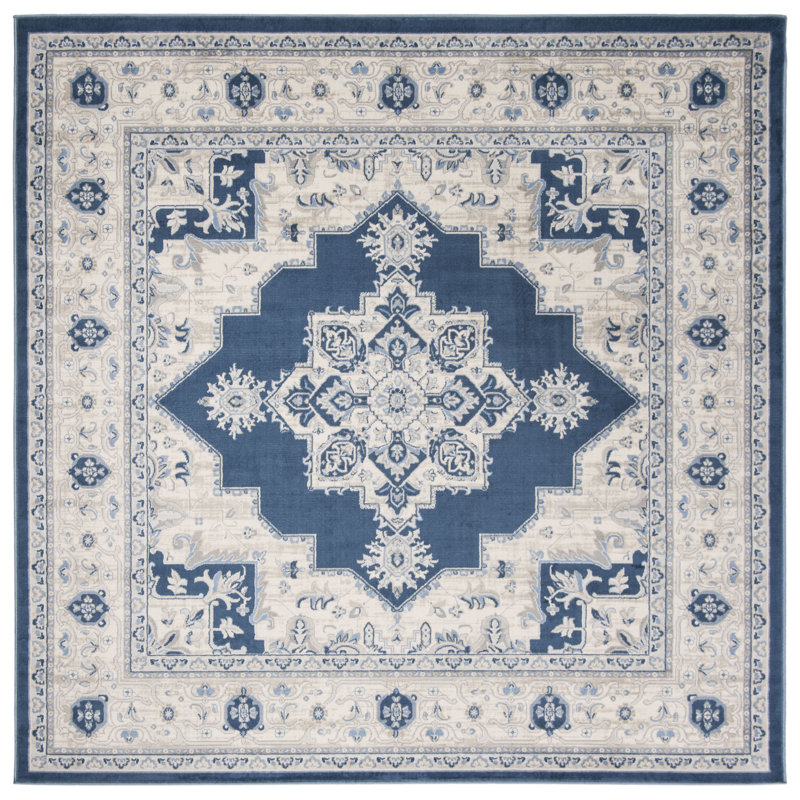 Aurelle Oriental Navy/Creme Area Rug, Square 5'